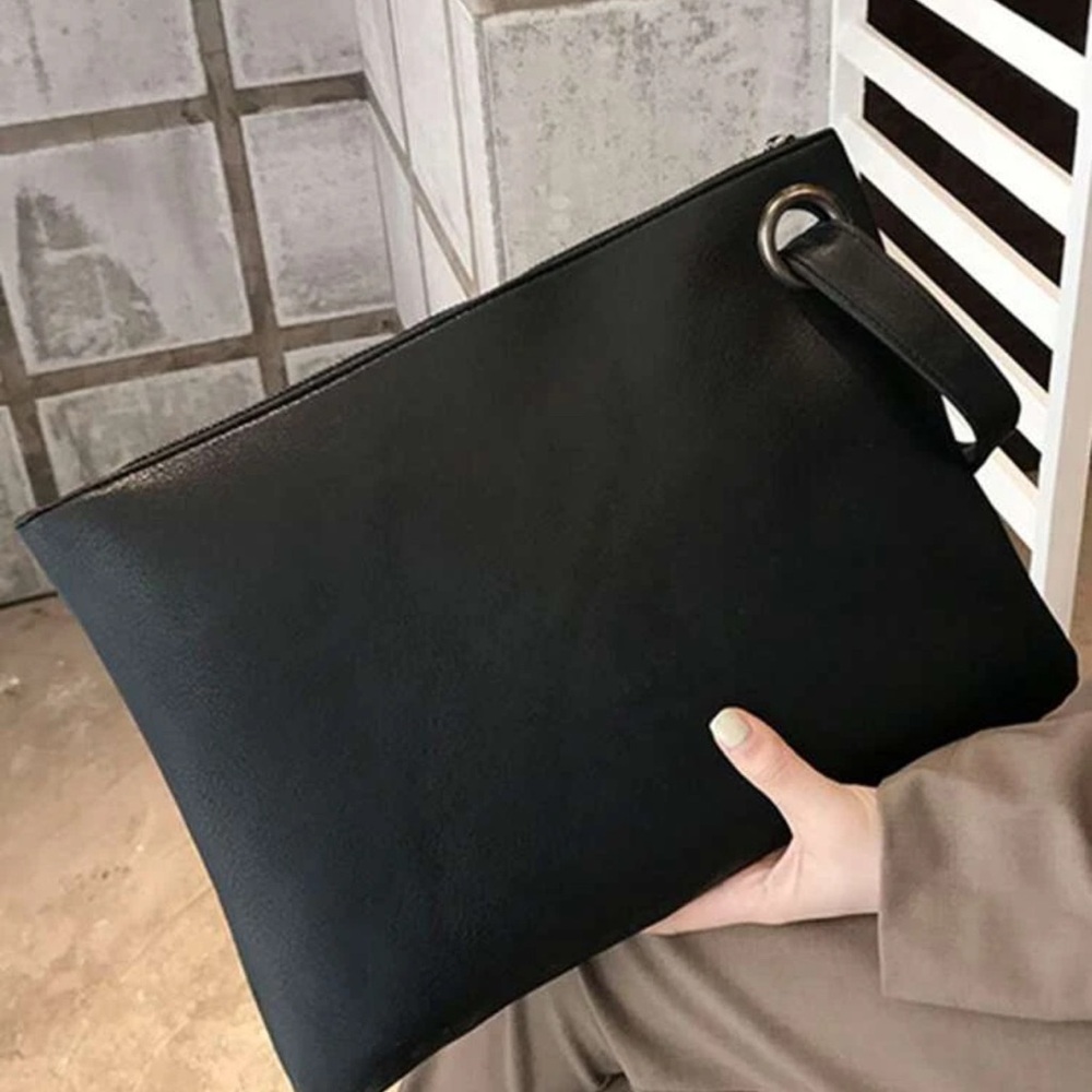 Black Faux Leather Large Clutch